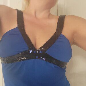 Blue and black sequined strap top